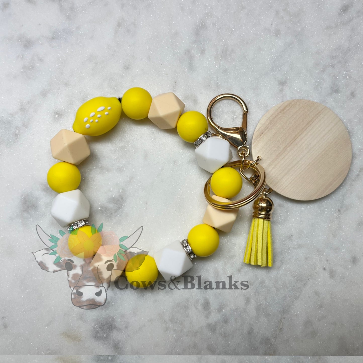 Lemon Silicone Beaded Stretch Wristlet Bracelet Keychain with Wooden Disc and Tassel