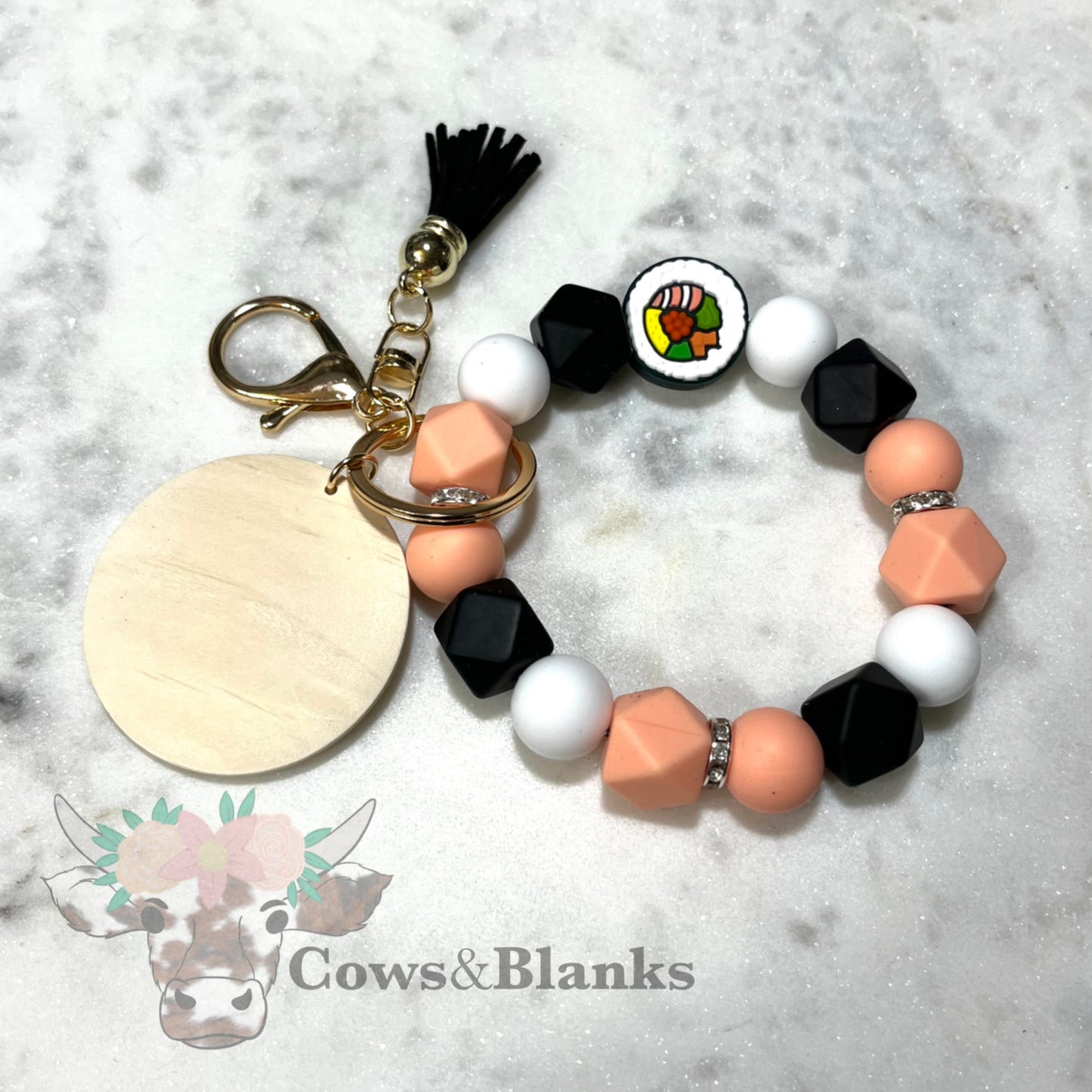 Sushi Silicone Beaded Stretch Wristlet Bracelet Keychain with Wooden Disc and Tassel