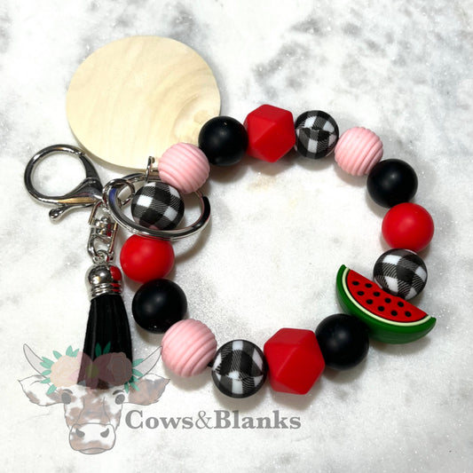 Watermelon Silicone Beaded Stretch Wristlet Bracelet Keychain with Wooden Disc and Tassel