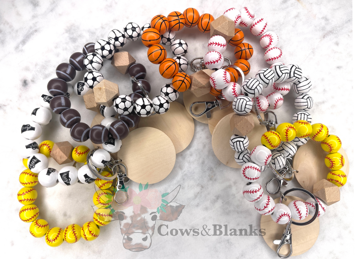 Sports: Basketball Wooden Wristlet Bracelet Keychain